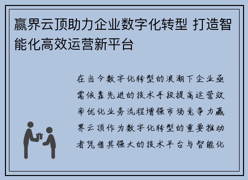 赢界云顶助力企业数字化转型 打造智能化高效运营新平台