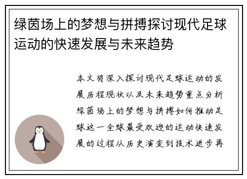 绿茵场上的梦想与拼搏探讨现代足球运动的快速发展与未来趋势